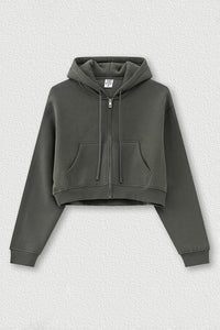 Loose cropped zip-up hooded jacket