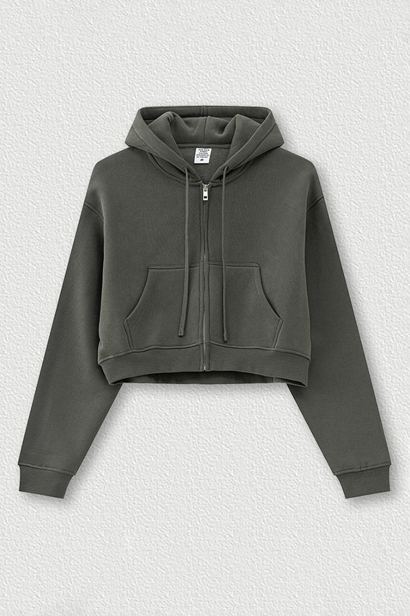 Loose cropped zip-up hooded jacket