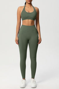 Women Seamless Knit Yoga Set: Halter Back Sports Bra + Sculpting Leggings