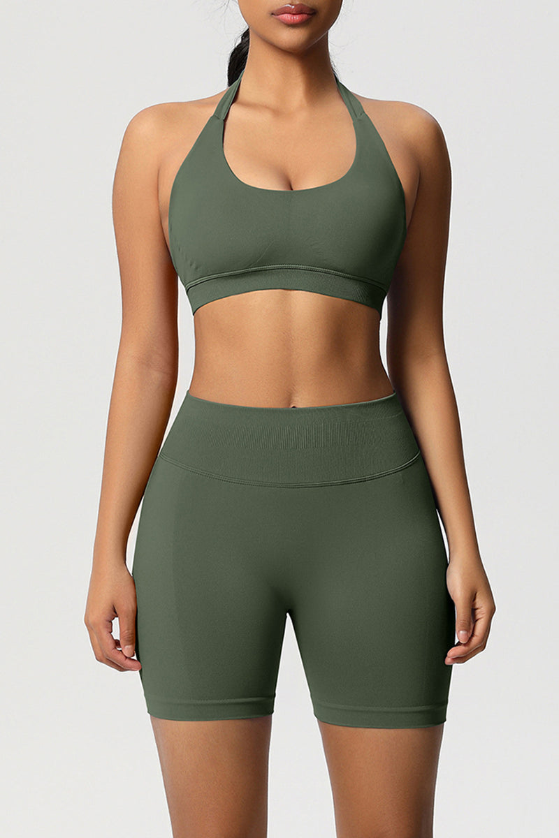 Women Halter Neck Yoga Set: High-Waisted Sculpting Shorts + Backless Sports Bra