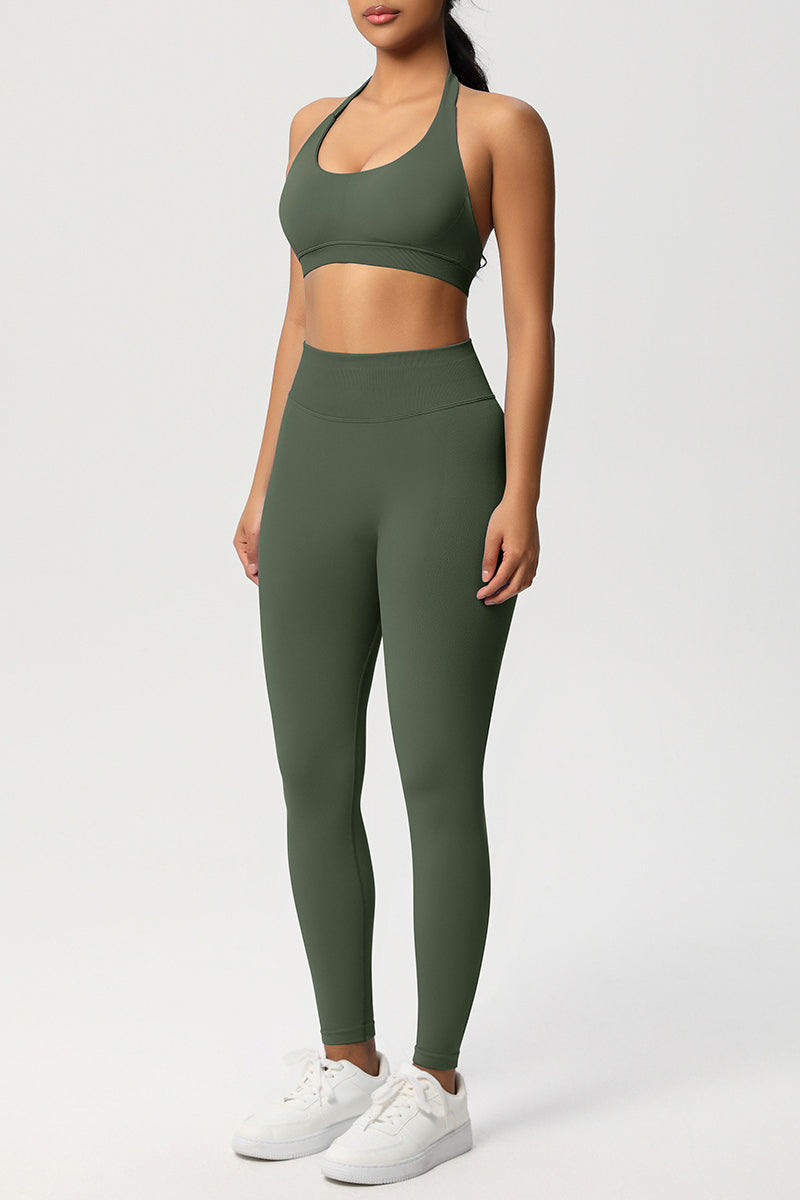 Women Seamless Knit Yoga Set: Halter Back Sports Bra + Sculpting Leggings