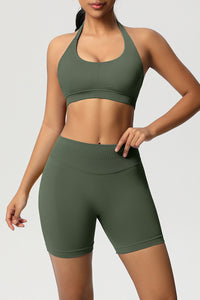 Women Halter Neck Yoga Set: High-Waisted Sculpting Shorts + Backless Sports Bra