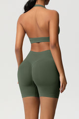 Women Halter Neck Yoga Set: High-Waisted Sculpting Shorts + Backless Sports Bra