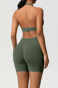 Women Halter Neck Yoga Set: High-Waisted Sculpting Shorts + Backless Sports Bra