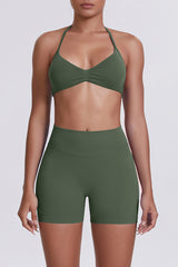Women Halter Neck Yoga Set: High-Waisted Sculpting Shorts + Backless Sports Bra