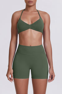 Women Halter Neck Yoga Set: High-Waisted Sculpting Shorts + Backless Sports Bra