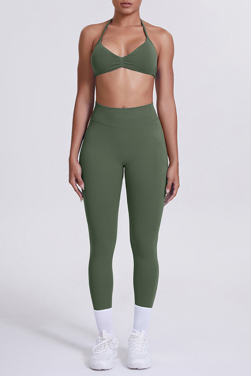 Women Seamless Yoga Set: High-Waisted Sculpting Leggings + Halter Neck Sports Bra