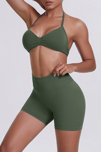 Women Halter Neck Yoga Set: High-Waisted Sculpting Shorts + Backless Sports Bra