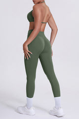 Women Seamless Yoga Set: High-Waisted Sculpting Leggings + Halter Neck Sports Bra