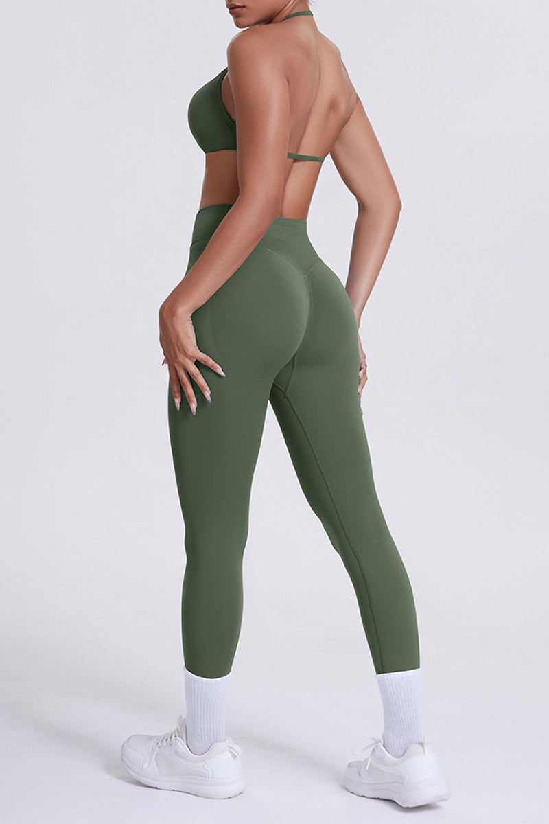 Women Seamless Yoga Set: High-Waisted Sculpting Leggings + Halter Neck Sports Bra