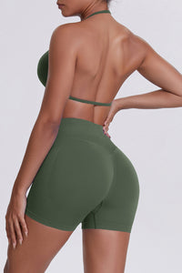 Women Halter Neck Yoga Set: High-Waisted Sculpting Shorts + Backless Sports Bra