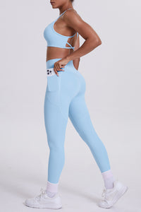 Women High-Waisted Pocket Yoga Set: Seamless Sports Bra + Sculpting Leggings