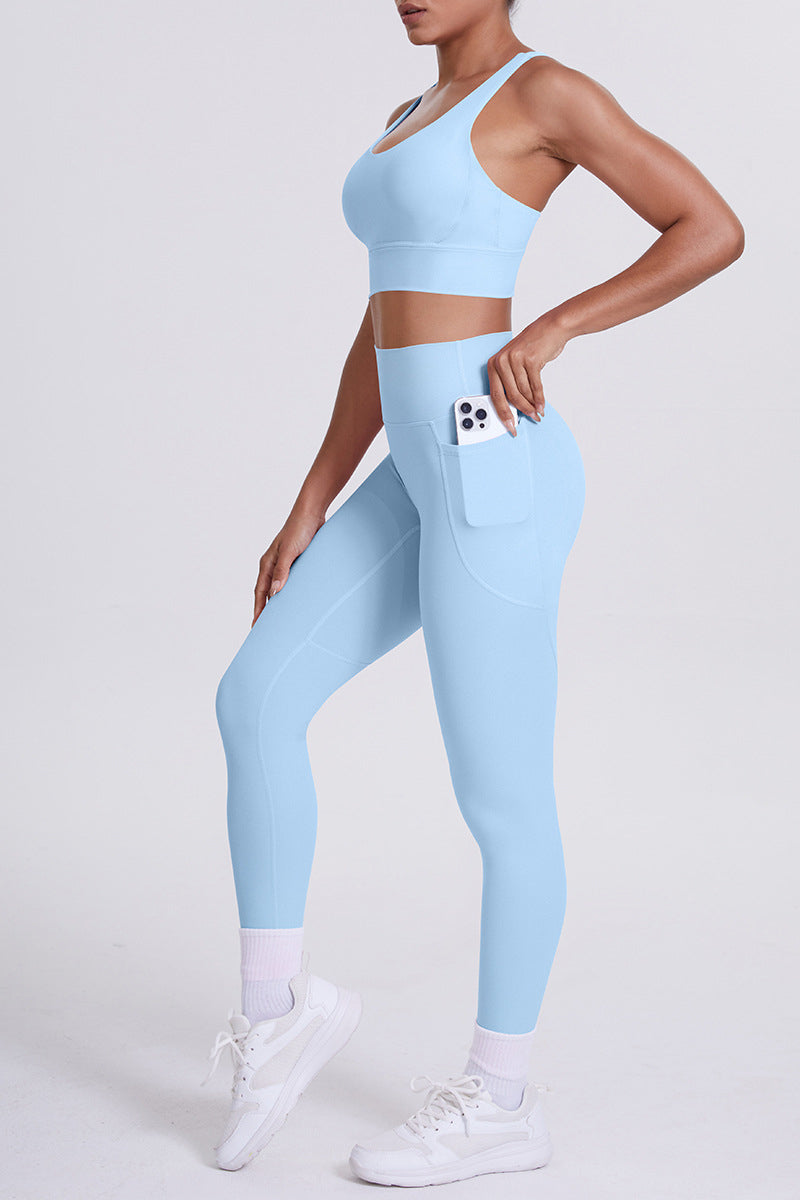 Women Cross-Back Yoga Set: High-Waisted Sculpting Leggings with Pocket + Cloud-Touch Sports Bra