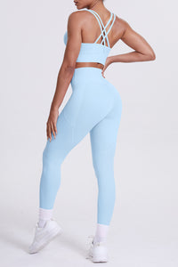 Women Cross-Back Yoga Set: High-Waisted Sculpting Leggings with Pocket + Cloud-Touch Sports Bra