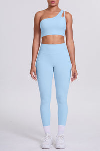 Women One-Shoulder Yoga Set: Naked-Feel High-Waisted Sculpting Leggings + Cross-Back Sports Bra