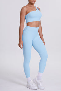 Women One-Shoulder Yoga Set: Naked-Feel High-Waisted Sculpting Leggings + Cross-Back Sports Bra
