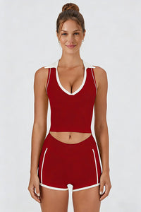 Women's Athletic Color Block Sets:V-neck Tank Top And Shorts