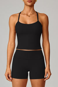 Women Brushed Slim Fit Yoga Set: Square Neck Camisole + High Waist Shorts