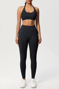 Women Seamless Knit Yoga Set: Halter Back Sports Bra + Sculpting Leggings