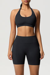 Women Halter Neck Yoga Set: High-Waisted Sculpting Shorts + Backless Sports Bra