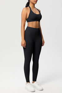 Women Seamless Knit Yoga Set: Halter Back Sports Bra + Sculpting Leggings