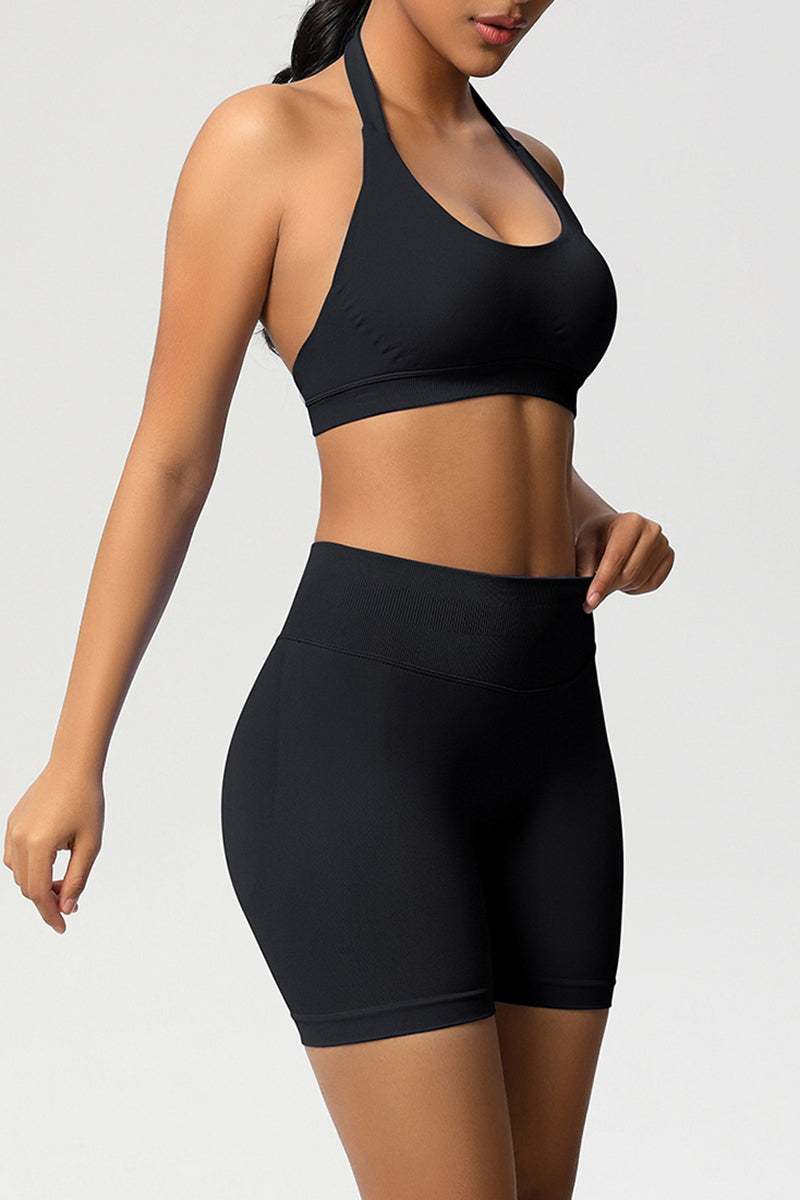 Women Halter Neck Yoga Set: High-Waisted Sculpting Shorts + Backless Sports Bra