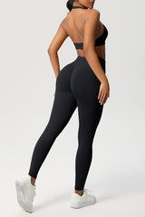 Women Seamless Knit Yoga Set: Halter Back Sports Bra + Sculpting Leggings