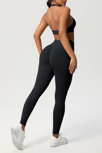 Women Seamless Knit Yoga Set: Halter Back Sports Bra + Sculpting Leggings