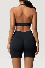 Women Halter Neck Yoga Set: High-Waisted Sculpting Shorts + Backless Sports Bra