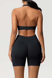 Women Halter Neck Yoga Set: High-Waisted Sculpting Shorts + Backless Sports Bra
