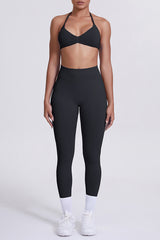 Women Seamless Knit Yoga Set: Halter Back Sports Bra + Sculpting Leggings