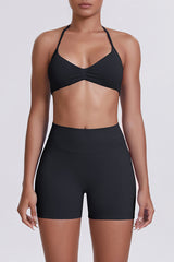 Women Halter Neck Yoga Set: High-Waisted Sculpting Shorts + Backless Sports Bra