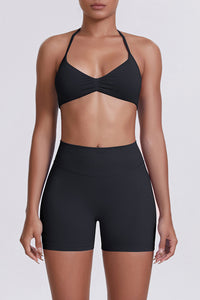 Women Halter Neck Yoga Set: High-Waisted Sculpting Shorts + Backless Sports Bra