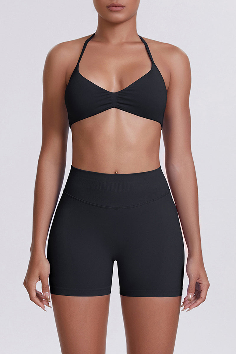Women Halter Neck Yoga Set: High-Waisted Sculpting Shorts + Backless Sports Bra
