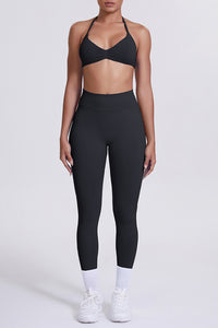 Women Seamless Yoga Set: High-Waisted Sculpting Leggings + Halter Neck Sports Bra