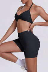Women Halter Neck Yoga Set: High-Waisted Sculpting Shorts + Backless Sports Bra
