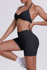 Women Halter Neck Yoga Set: High-Waisted Sculpting Shorts + Backless Sports Bra