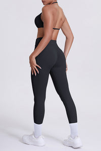 Women Seamless Yoga Set: High-Waisted Sculpting Leggings + Halter Neck Sports Bra