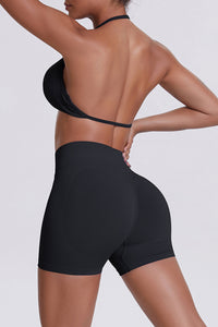 Women Halter Neck Yoga Set: High-Waisted Sculpting Shorts + Backless Sports Bra