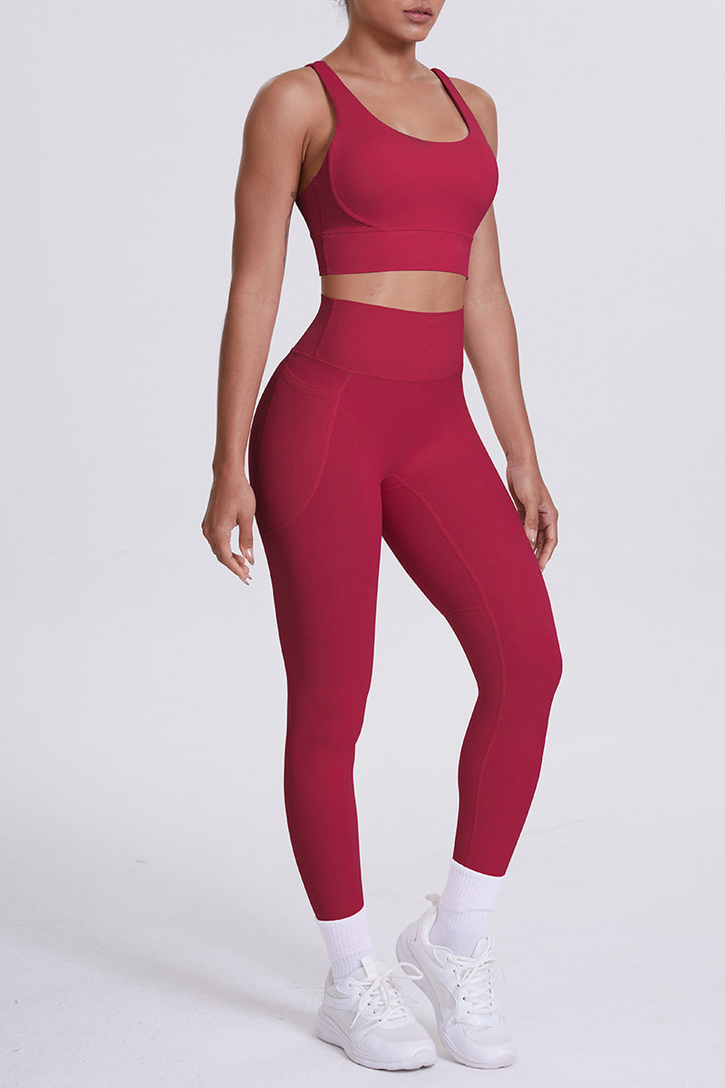 Women Cross-Back Yoga Set: High-Waisted Sculpting Leggings with Pocket + Cloud-Touch Sports Bra