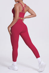 Women Cross-Back Yoga Set: High-Waisted Sculpting Leggings with Pocket + Cloud-Touch Sports Bra