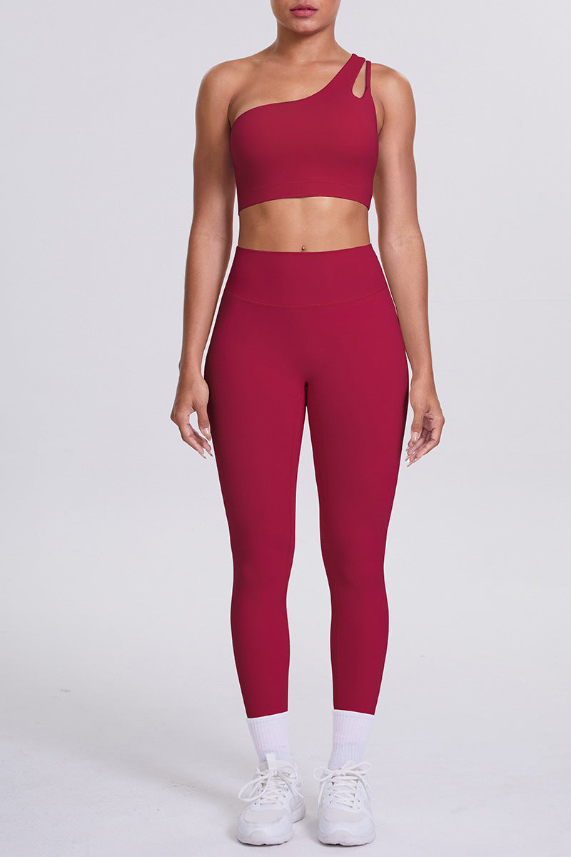 Women One-Shoulder Yoga Set: Naked-Feel High-Waisted Sculpting Leggings + Cross-Back Sports Bra