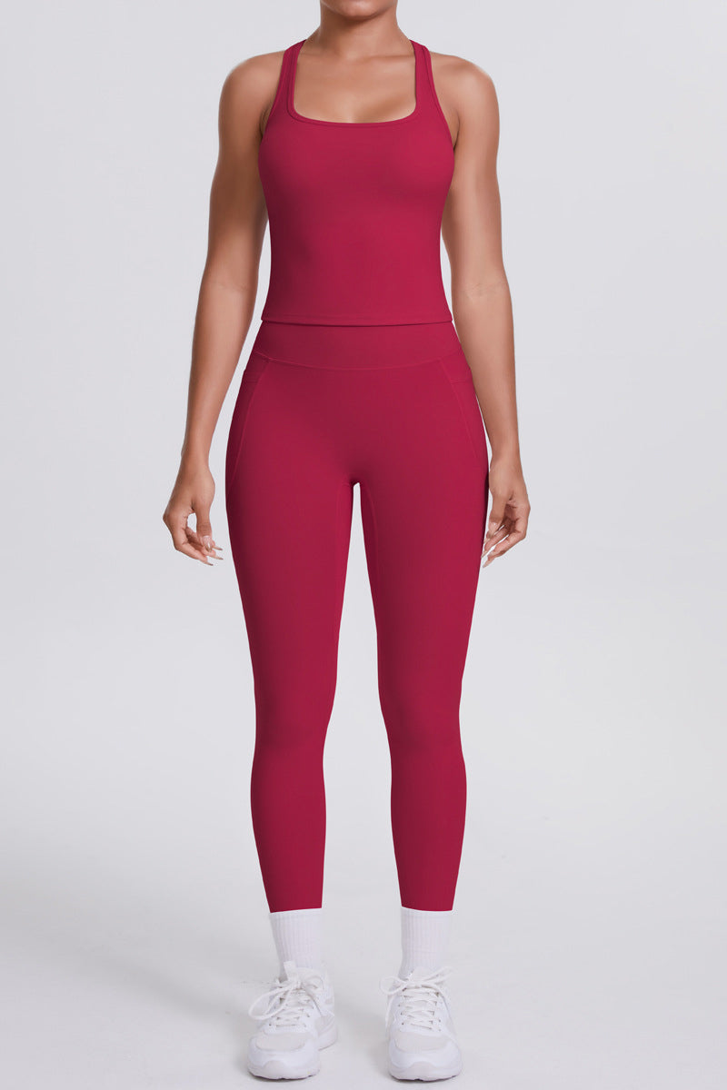 Women Naked-Feel Yoga Set: High-Waisted Pocket Leggings + Square Neck Sports Bra
