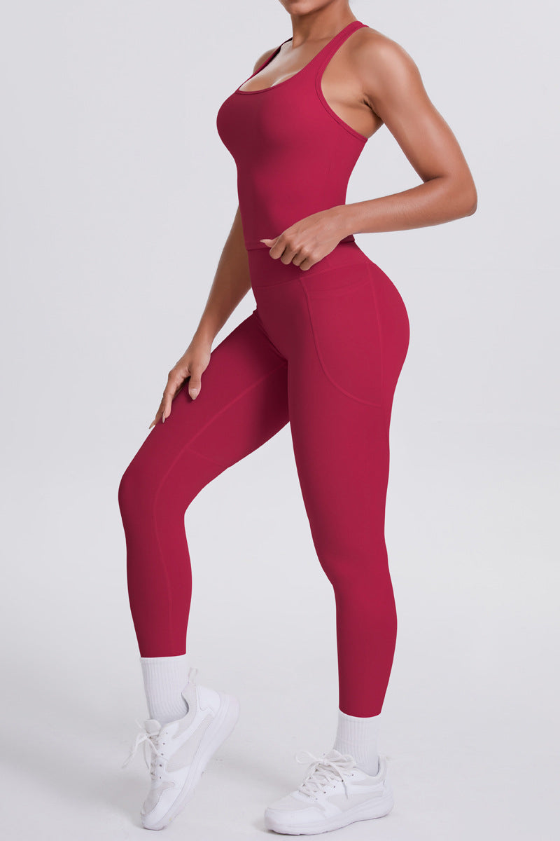 Women Naked-Feel Yoga Set: High-Waisted Pocket Leggings + Square Neck Sports Bra