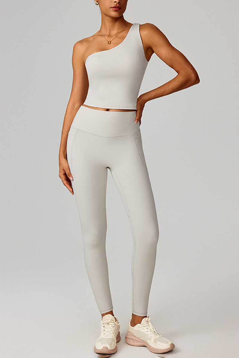 Women Cloud-Feel Quick-Dry Yoga Set: Asymmetric Strap Bra + High-Waist Pocket Leggings