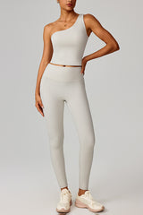 Women Cloud-Feel Quick-Dry Yoga Set: Asymmetric Strap Bra + High-Waist Pocket Leggings