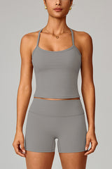Women Brushed Slim Fit Yoga Set: Square Neck Camisole + High Waist Shorts