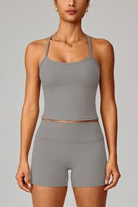 Women Brushed Slim Fit Yoga Set: Square Neck Camisole + High Waist Shorts