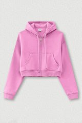 Loose cropped zip-up hooded jacket