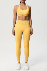 Women Seamless Knit Yoga Set: Halter Back Sports Bra + Sculpting Leggings